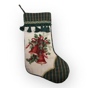 VTG C&F Home Handcrafted Needlepoint Tassels Christmas Stocking Bells & Holly
